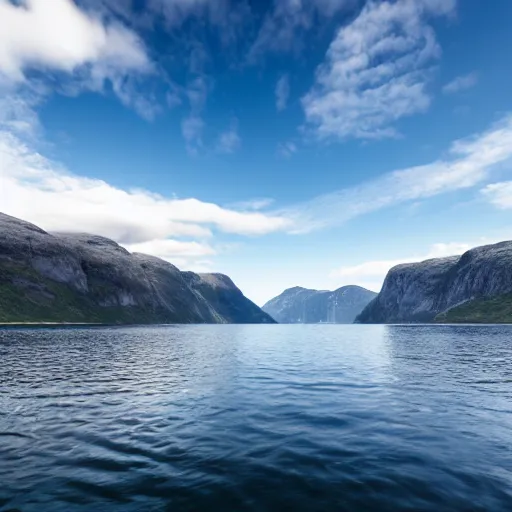 Image similar to A photo of a fjord in Norway. The sky is completely clear of clouds. Hyper realistic, 8k.