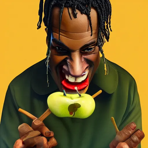 Image similar to caricature of travis scott eating apple, artstation, 8 k, cgsociety, high detalied, high quality,