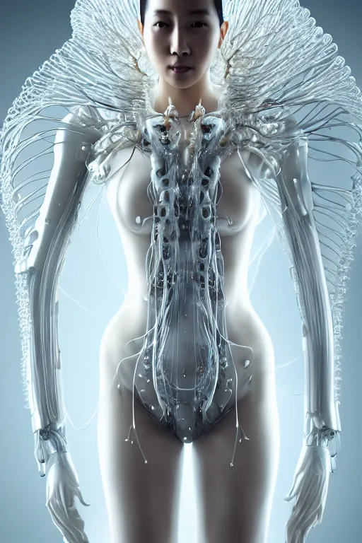 Image similar to beautiful young asian woman, iris van herpen, perfect symmetrical body, full body shot, inflateble shapes, wires, tubes, veins, jellyfish, white biomechanical details, wearing epic bionic cyborg implants, masterpiece, intricate, biopunk, vogue, highly detailed, artstation, concept art, cyberpunk, octane render