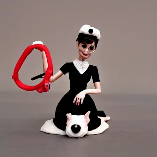 Image similar to audrey hepburn cos play professional dog walker ( 5 small dogs ), stop motion vinyl action figure, plastic, toy, butcher billy style