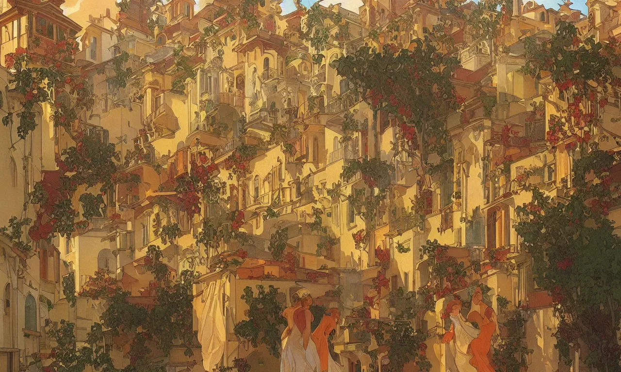 Prompt: a beautiful picture of a little Sicilian town by Alphonse Mucha, trending on Artstation, warm colors scheme