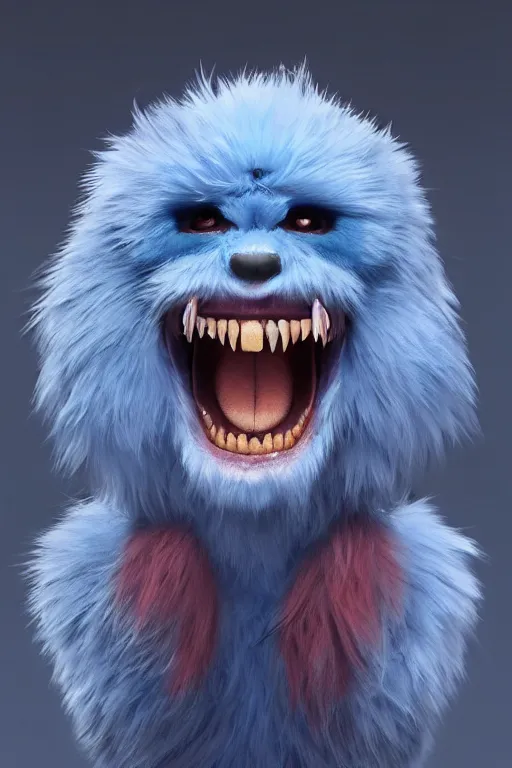 Image similar to a blue furry creature with [ bulging eyes ]!!!, [ [ immensely red large lips ] ]!!!, sharp teeth, 4 k photorealistic [ quality ], trending on cgsociety, horror art, eerie art style