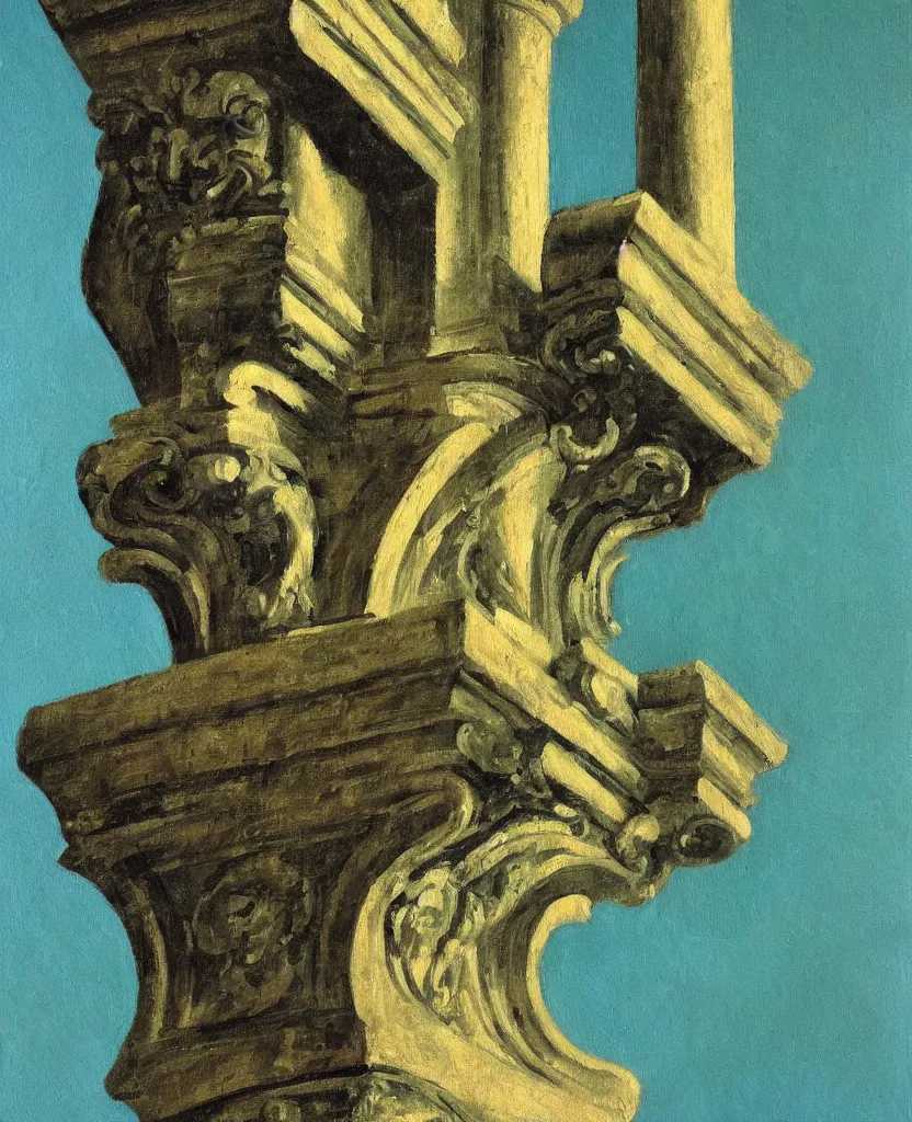 Prompt: achingly beautiful oil painting of corinthian capital on green background. picasso, dali, piranesi.