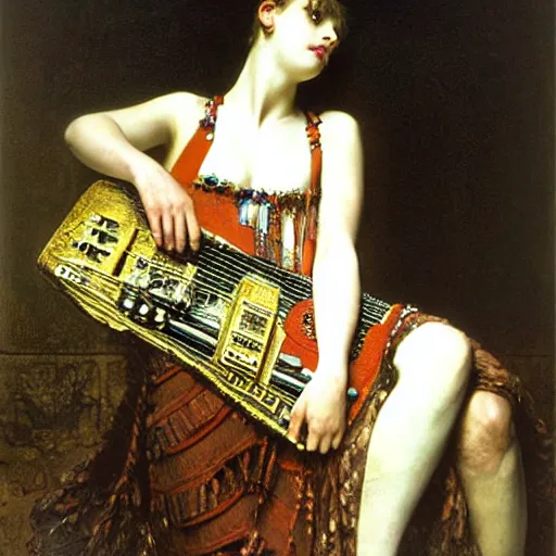 Image similar to Goth girl playing electric guitar by Mario Testino, oil painting by Lawrence Alma-Tadema, masterpiece