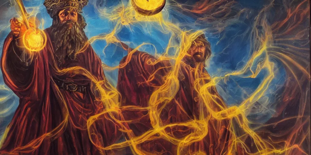 Image similar to magical tarot card held up by a wizard with a glow of power, oil painting, detailed