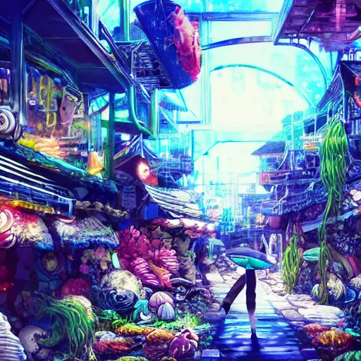 Image similar to anime background of an undersea slums shopping district built from various sea shells and corals, seaweed, light prisms, light diffraction, steampunk, cyberpunk, cool colors, caustics, anime, vhs distortion