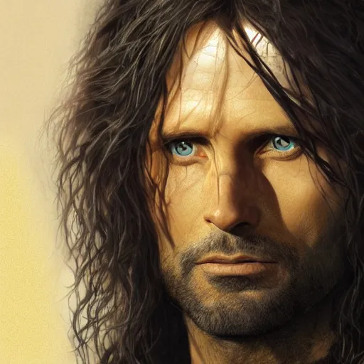 Image similar to Portrait of Aragorn, High King of the Reunited Kingdom, golden hour, detailed matte painting, cinematic, Alan Lee, Artstation