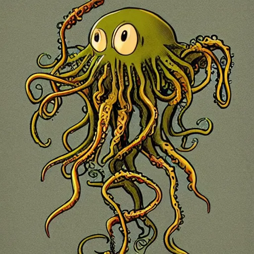 Image similar to Cthulhu with spaghetti as its tentacles, and a meatballs as its eyes