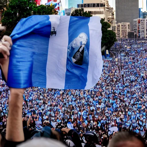 Image similar to Lady Gaga as president, Argentina presidential rally, Argentine flags behind, bokeh, giving a speech, detailed face, Argentina