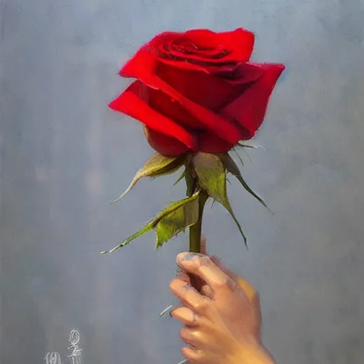 Prompt: hyperrealistic hand holding a red rose by ruan jia and greg rutkowski