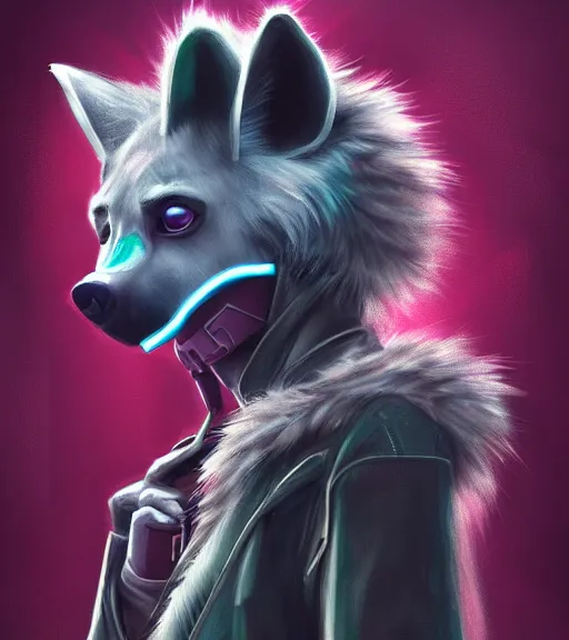 Image similar to digital painting of anthromorphic hyena female smoking cigarrete, fursona, furry fandom, furaffinity, neon rainy cyberpunk setting, anthro, wearing cyberpunk leather jacket, detailed face, blade runner, zootopia style,