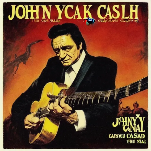 Image similar to album cover for Johnny Cash: The Snake Oil Tapes, album art by Frank Frazetta, snake oil album, snakes