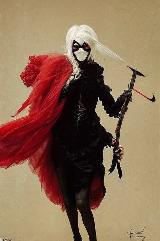 Prompt: a vampire with long light white hair and a red scarf, wearing a black mask over her mouth, windy, ribbons, melancholic, modern maximalist fashion dress, is ( ( holding a sword ) ). light dust, magnificent, hyperdetailed, theatrical, painted by jean honore fragonard and greg rutkowski