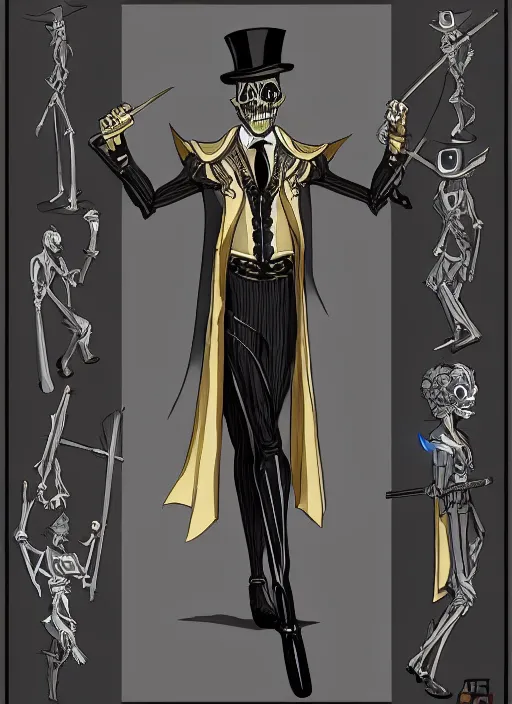 Image similar to DND character art, skeletal male figure, wearing a deep black suit!!! and tie and top hat, holding a gold! cane!, blue flames!!