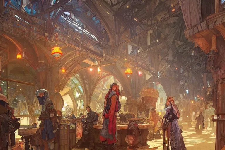 Image similar to a colorful medieval marketplace, Industrial Scifi, detailed illustration, character design, intricate, by artgerm and greg rutkowski and alphonse mucha