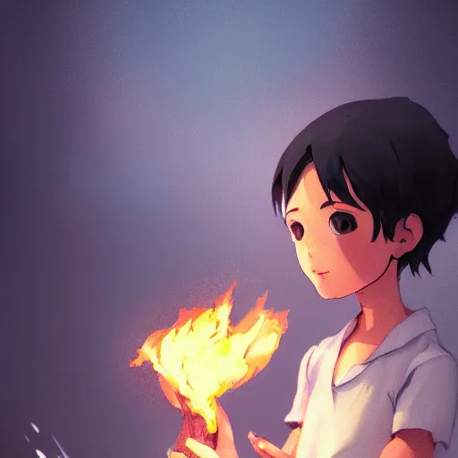 Image similar to a child with grey skin with blues and short brown hair, holding fire, highly detailed, digital painting, artstation, matte, by makoto shinkai, animation style