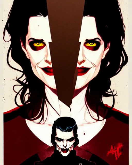 Image similar to Rafael Albuquerque comic cover art, artgerm, Joshua Middleton, pretty Eva Green vampire, sharp vampire teeth, sarcastic smile, symmetrical eyes, symmetrical face, brown leather jacket, jeans, long black hair, full body, building on fire, cool colors