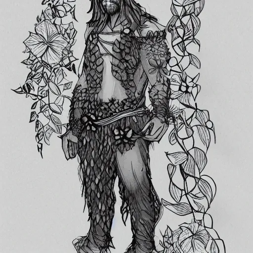 Image similar to male firbolg druid with vines and hibiscus flowers as hair simple drawing, comic style