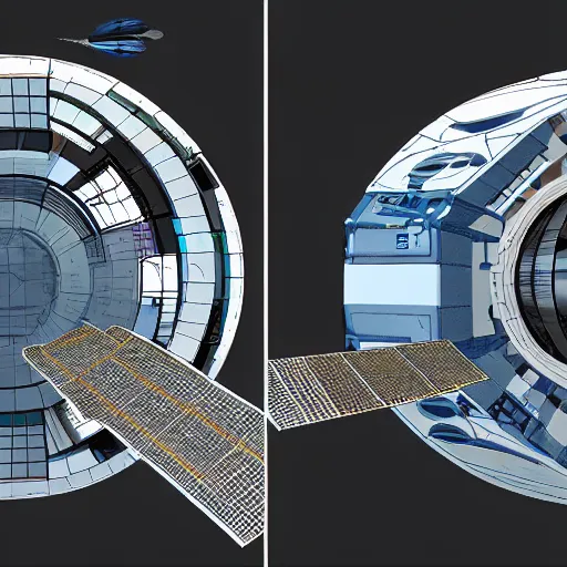 Image similar to top view, side view and front view of a science fiction space station, concept art, digital art, first angle projection