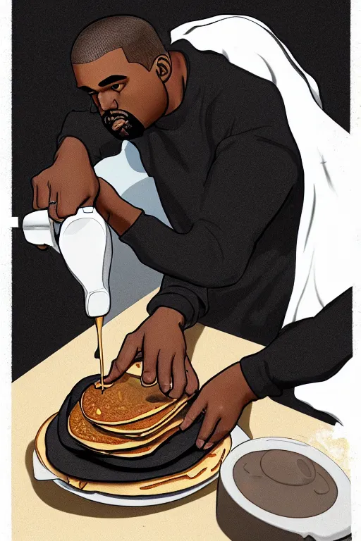 Image similar to kanye west making pancakes, animation pixar style, by pendleton ward, magali villeneuve, artgerm, rob rey and kentaro miura style, golden ratio, trending on art station