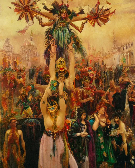 Prompt: magical pagan venice with occult atmosphere and carneval paganism rituals, style of australian tonalism