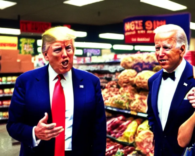 Image similar to joe biden and trump buying groceries. center frame medium shot, shot on technicolor cinemascope 35mm anamorphic lense, flare