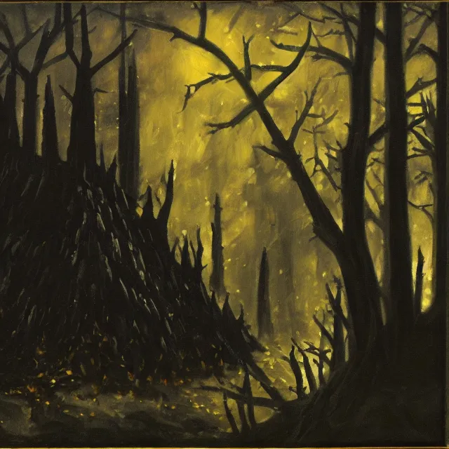 Prompt: black temple with spikes in a dark forest, oil painting