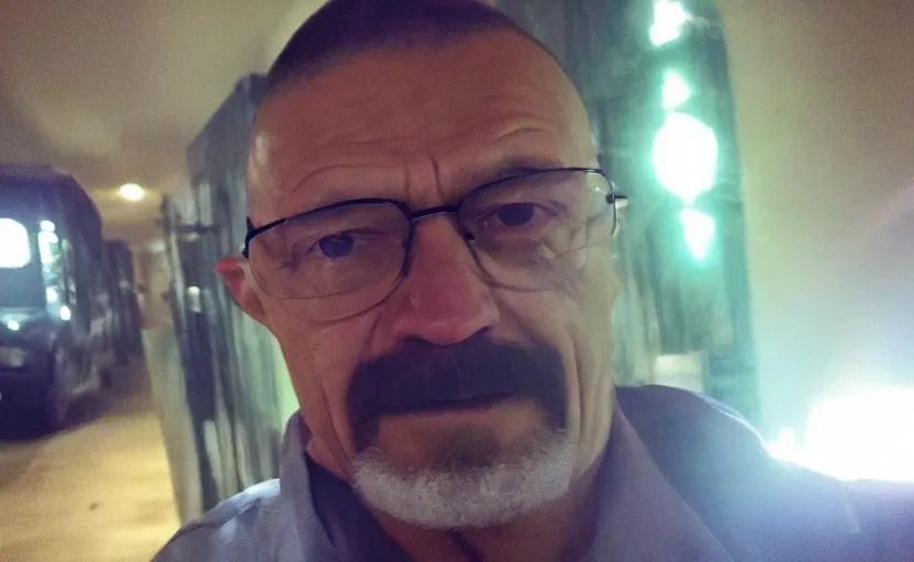 Image similar to my uncle that look like walter white if he was turkish accidentally taking a selfie, front camera, camera flash is so bright in his face, viral, selfie, viral on twitter, viral on instagram, viral photo