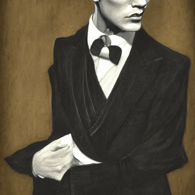 Prompt: photorealistic sepia full - head portrait of a 1 9 2 0 s era smirking male occultist, well dressed, long - tailed tuxedo coat, atmospheric lighting, dark, brooding, painted, intricate by frank frazetta, ultra detailed, well composed, best on artstation, cgsociety, epic, stunning, gorgeous, intricate detail, much wow, masterpiece