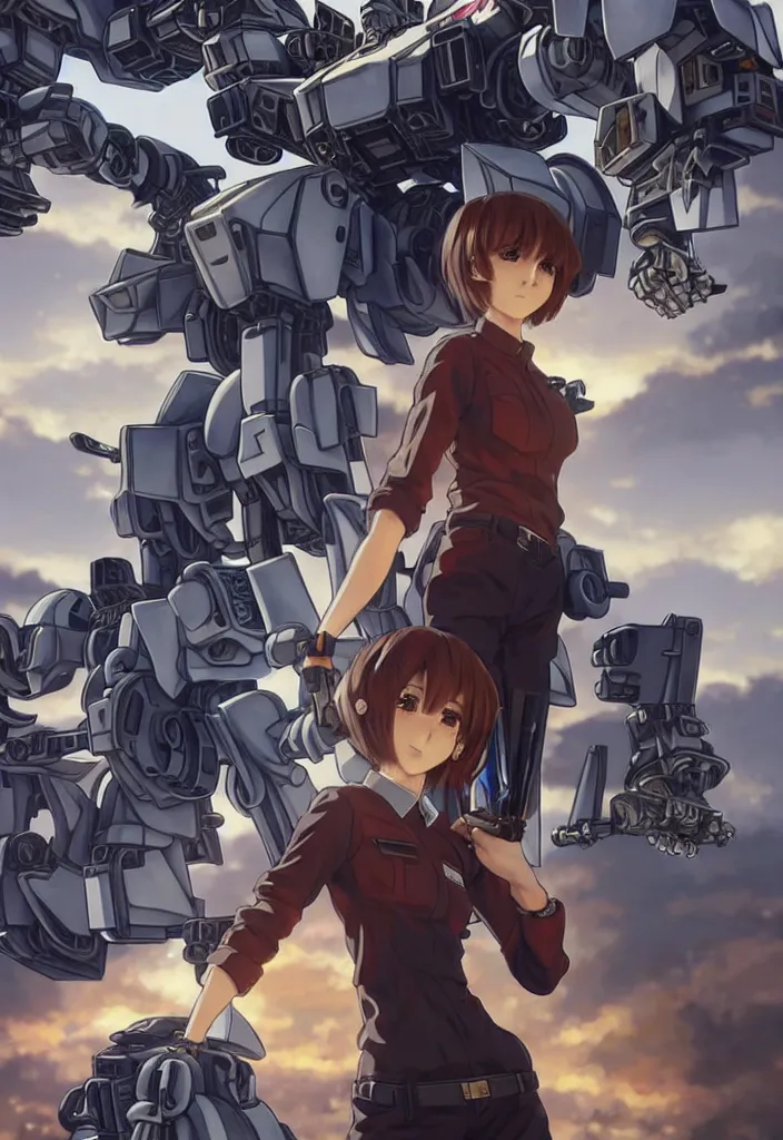 Prompt: beautiful full body portrait of one anime female with short hair, wearing mechanic clothing, in a mech repair facility standing in front of a gigantic gundam style mech, drinking soda, D&D, fantasy, intricate, elegant, highly detailed, digital painting, artstation, concept art, smooth, sharp focus, illustration, art by artgerm and KyuYong Eom and WLOP and Krenz Cushart and greg rutkowski and alphonse mucha