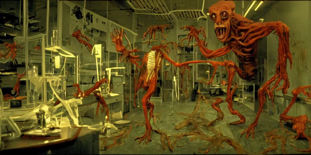 Image similar to a scary filmic wide shot color ground level angle movie still 35mm film photograph of the full body of a screaming and angry dangerous shape shifting alien creature, with multiple mutated snarling drooling human faces with a grotesque variety of human and animal limbs protruding from its lower torso inside of a 1970s science lab, neon lights, dirty, ektachrome photograph, volumetric lighting, f8 aperture, cinematic Eastman 5384 film