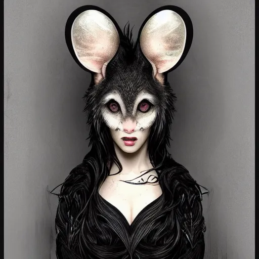 Image similar to a photograpic portrait of a anthropomorphic mouse wearing black clothes, black hair, grey skin, grey mouse ears, fantasy, intricate, elegant, highly detailed, digital painting, artstation, smooth, sharp focus, illustration, art by artgerm and H R Giger and alphonse mucha