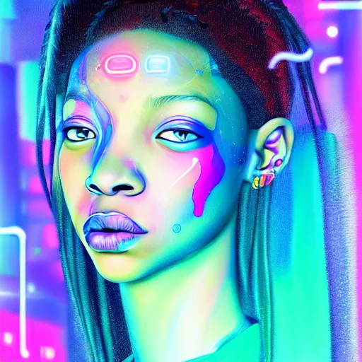 Image similar to a digital painting of willow smith in the rain with blue hair, cute - fine - face, pretty face, cyberpunk art by sim sa - jeong, cgsociety, synchromism, detailed painting, glowing neon, digital illustration, perfect face, extremely fine details, realistic shaded lighting, dynamic colorful background