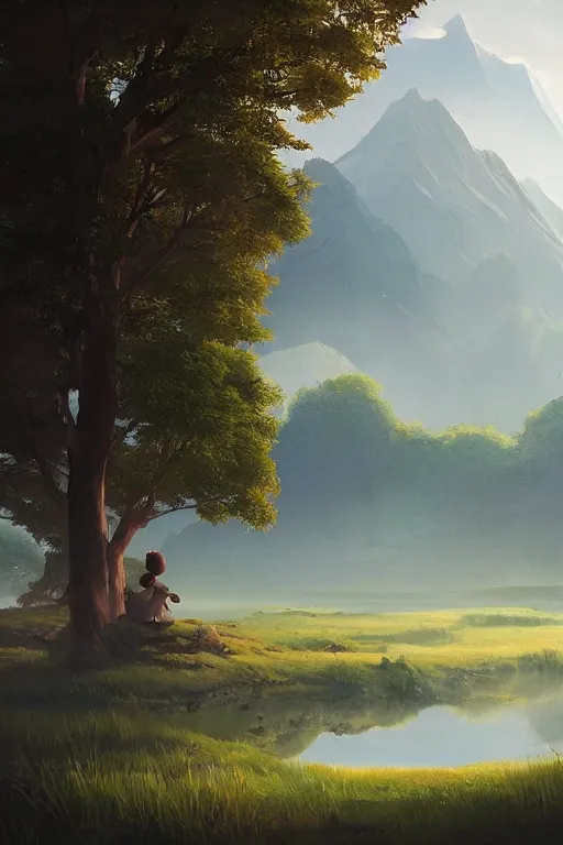 Image similar to beautiful matte painting by goro fujita concept art fantasy path mountains and meadow in the background near a lake reflecting the trees, atmospheric lighting, painted, intricate, volumetric lighting, beautiful, rich deep colors masterpiece, sharp focus, ultra detailed by