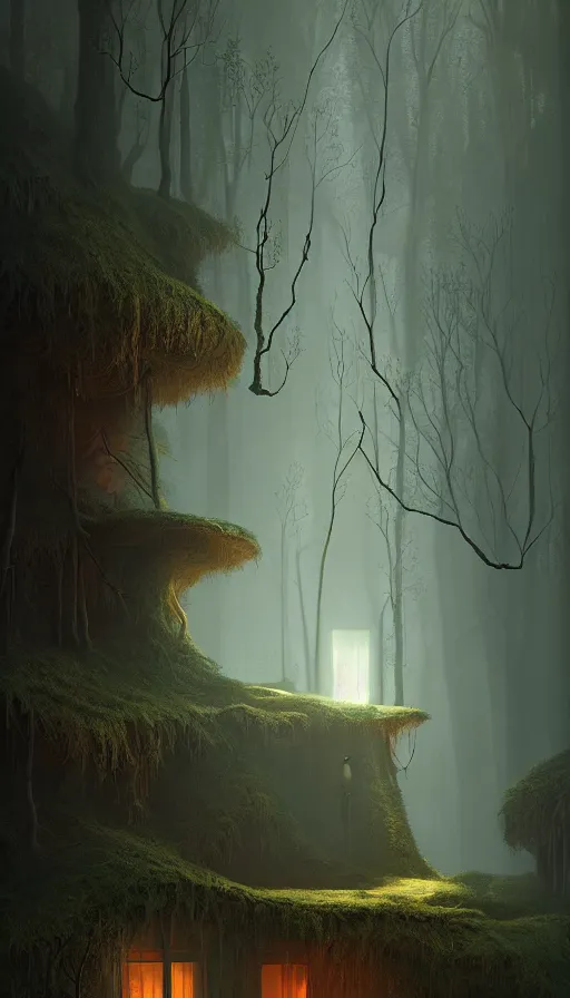 Image similar to cozy home in the woods moody lighting, soft light, dynamic lighting, complimentary colours, realistic, highly detailed, by kim jung giu zdzisław beksinski and greg rutkowskiweta studio, and lucasfilm, colours