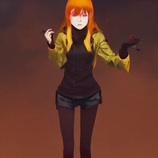 Prompt: a pale redheaded demoness with yellow eyes and horns wearing a jacket, dark spot around eye, highly detailed, digital painting, artstation, matte, by makoto shinkai, animation style