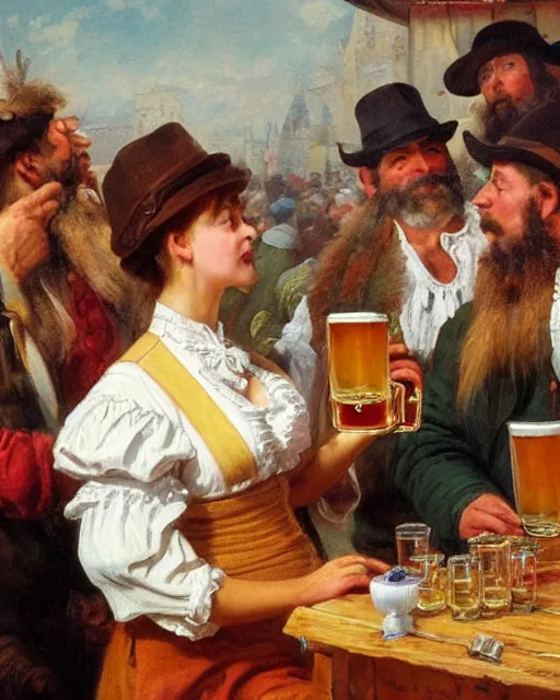 Prompt: a painting of jonathan frakes holding a mug of beer at the oktoberfest, a detailed painting by konstantin makovsky and by jan matejko and by nikolay makovsky, shutterstock contest winner, german romanticism, detailed painting, oil on canvas, wimmelbilder