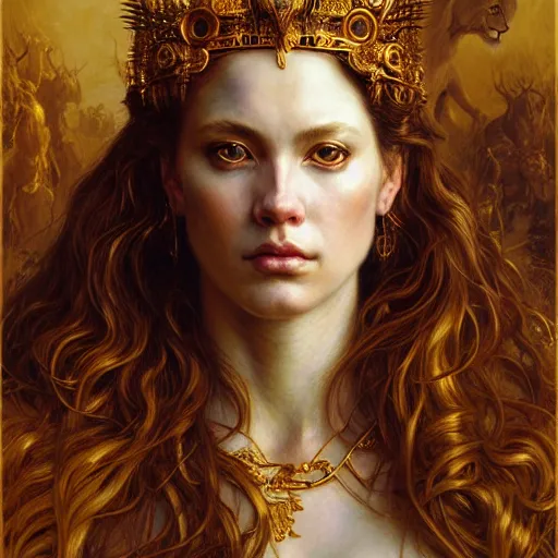 Image similar to highly detailed portrait of a majestic lioness queen in the form of a beautiful woman. d & d. art by donato giancola, eugene delacroix, ruan jia, rebecca guay. trending on artstation, intricate details, energetic composition, golden ratio, concept art, illustration, elegant art, global illuminaition