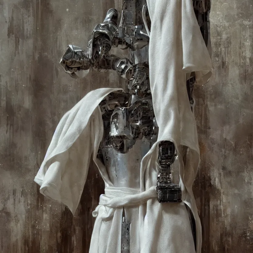 Image similar to a close up shot of a robot in a white robe standing in an abandoned sanctuary, sharp focus, shallow depth of field, blurred background, extravagant matte painting, highly detailed oil painting, 8k, devastatingly beautiful atmosphere, elegant cinematic fantasy art, overwhelming depth and detail, magic, soft colors, masterpiece