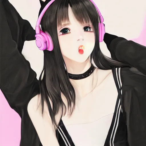 Image similar to realistic detailed semirealism beautiful gorgeous natural cute excited happy Blackpink Lalisa Manoban black hair black cat ears, wearing white camisole outfit, headphones, black leather choker artwork drawn full HD 4K high resolution quality artstyle professional artists WLOP, Aztodio, Taejune Kim, Guweiz, Pixiv, Instagram, Artstation