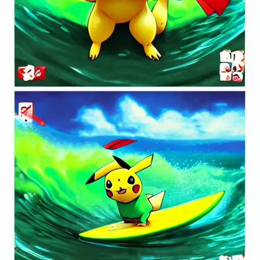 Image similar to pikachu surfing on a wave made of green slime, pokemon tcg image, trending on artstation