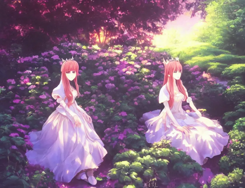 Prompt: unbecoming unattractive princess in the garden. oil painting by award - winning mangaka. backlighting, chiaroscuro, depth of field, luminescent colors.