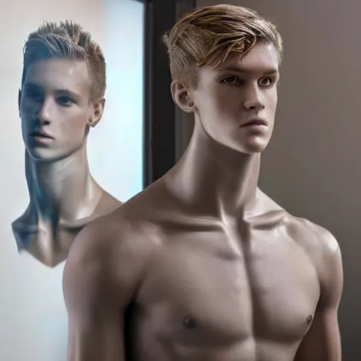 Image similar to a realistic detailed photo of a guy who is an attractive humanoid who is half robot and half humanoid, who is a male android, soccer player martin ødegaard, shiny skin, posing like a statue, blank stare, in a living room, on display, showing off his muscles, gold soccer shorts, side view