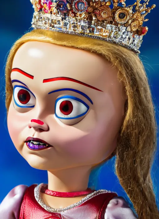 Image similar to closeup face profile portrait of a tin toy greta thunberg as the bride of chucky as a fairytale princess wearing a crown, bikini, depth of field, zeiss lens, detailed, fashion photoshoot, by nicoletta ceccoli, mark ryden, lostfish, breathtaking, 8 k resolution, extremely detailed, beautiful, establishing shot, artistic, hyperrealistic, octane render