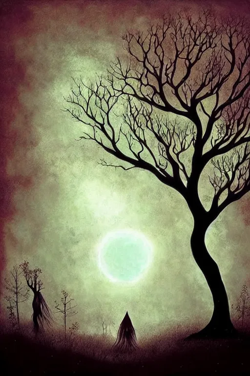 Image similar to surreal, fantasy, fairytale animals, ancient oak tree, haunted woods in silhouettes, by andy kehoe