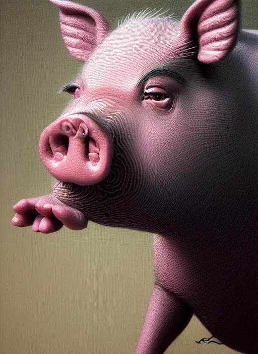 Image similar to hyper detailed 3d render like an Oil painting - Portrait of a Pig in a tuxedo by Jacek Yerka, Mariusz Lewandowski, Houdini algorithmic generative render, Abstract brush strokes, Masterpiece, Edward Hopper and James Gilleard, Zdzislaw Beksinski, Mark Ryden, Wolfgang Lettl, hints of Yayoi Kasuma, octane render, 8k