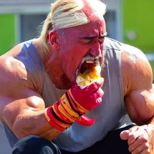 Prompt: hulk hogan crying and eating food,