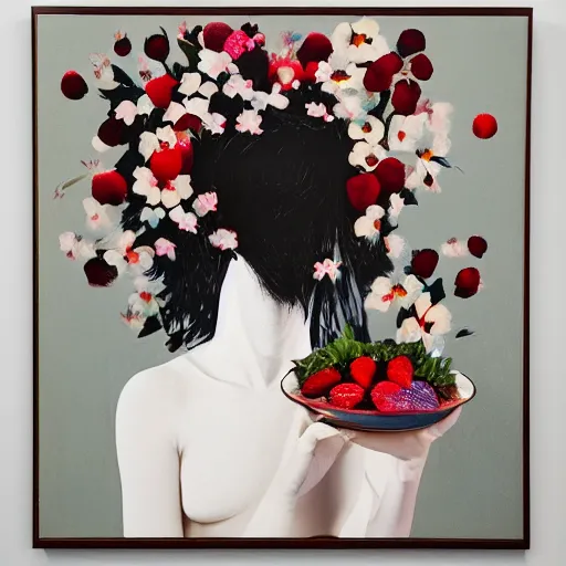 Image similar to “art in an Australian artist’s apartment, portrait of a depressed woman wearing white silk cloth stained by fresh raspberries and strawberries and blueberries, white wax, edible flowers, Japanese pottery, Australian native flannel flowers ikebana, black walls, acrylic and spray paint and oilstick on canvas”