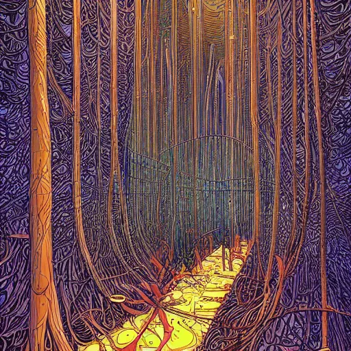 Image similar to poster of a jungle of artificial neural networks and neurons, neurons, highly detailed, in the style of Moebius, Jean Giraud