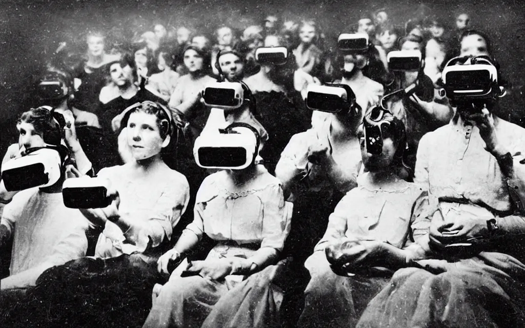 Image similar to 1 9 0 0 s photo of people using iphones ipods virtual reality headsets vr in a movie theater double exposure masterpiece